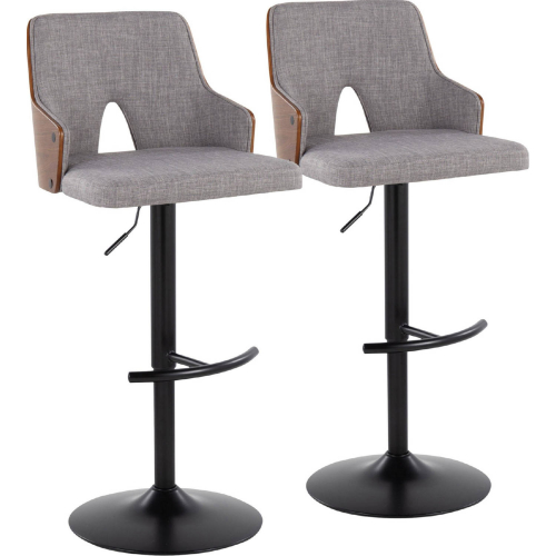 Stella Adjustable Swivel Bar Stool in Black Metal, Walnut Wood & Light Grey Fabric (Set of 2)